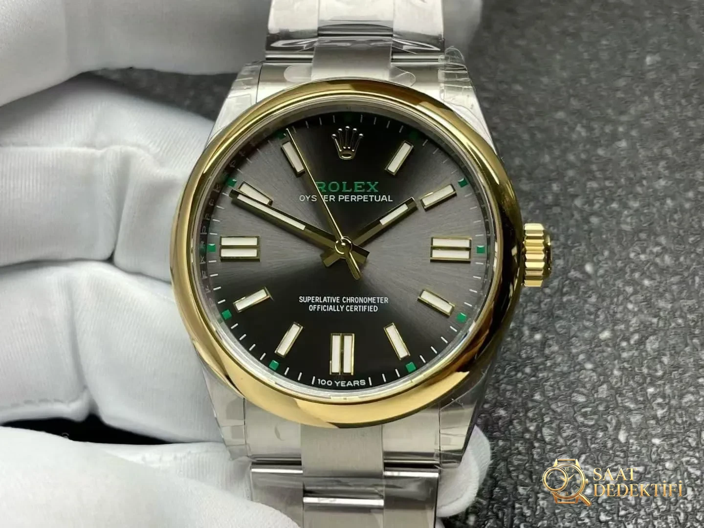 VS Factory Rolex yeni çift renkli altın Oyster Perpetual 100. yıl versiyonunun işçiliği nasıl? - Kadran Detayı ve Bezel İşçiliği