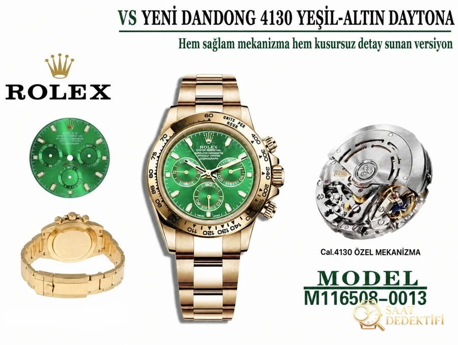 VS Factory Rolex Yeşil-Altın 4130 Replika Kol Saati - VS Daytona Saati - Klips Kilidi ve Lazer Damgalar