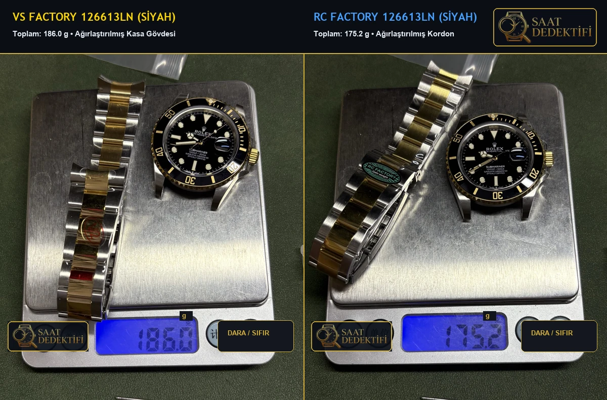 VS Factory 186.0g ile RC Factory 175.2g Rolex Submariner 126613LN Hassas Terazi Tartım Karşılaştırması