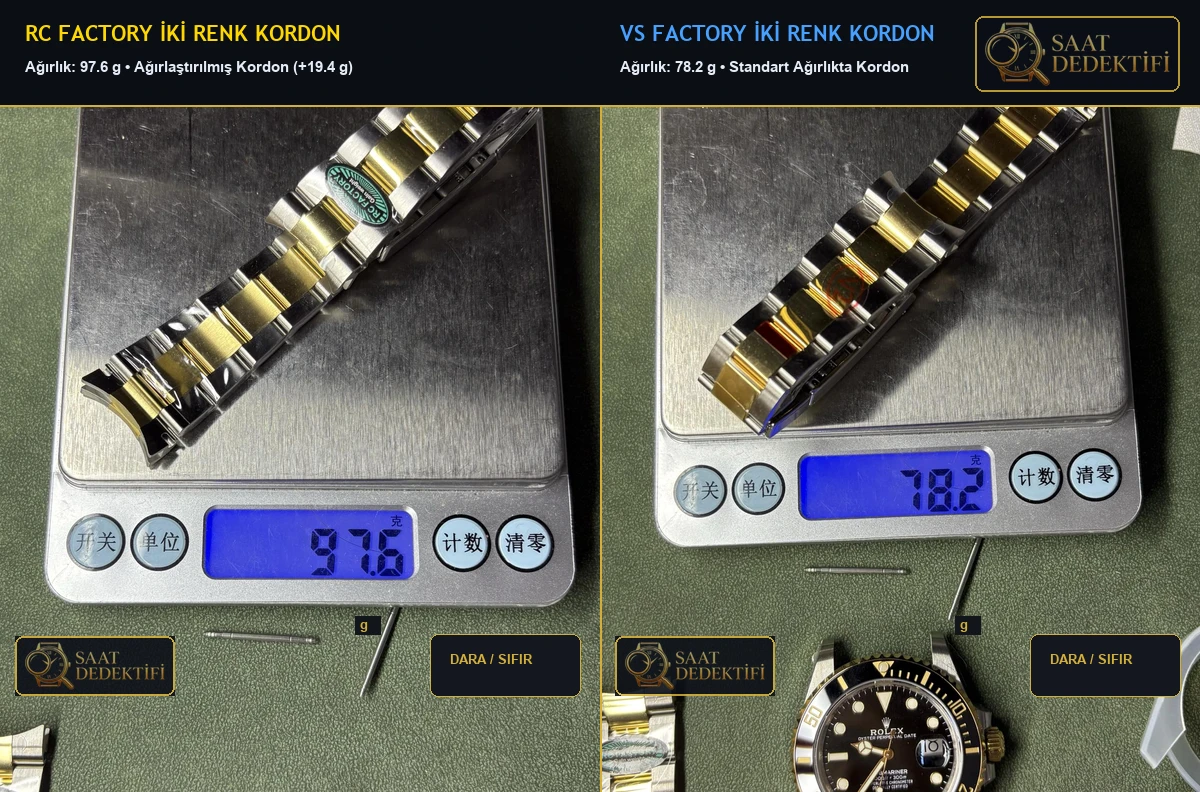 RC Factory Ağırlaştırılmış Kordon 97.6g ile VS Factory Kordon 78.2g Ağırlık Karşılaştırması