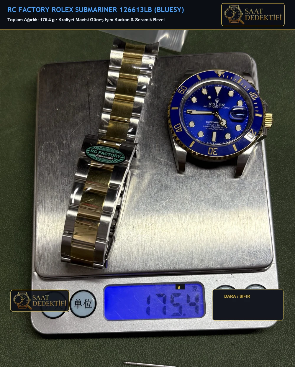 RC Factory Rolex Submariner 126613LB Bluesy Mavi Kadran Toplam 175.4g Hassas Terazi Ölçümü