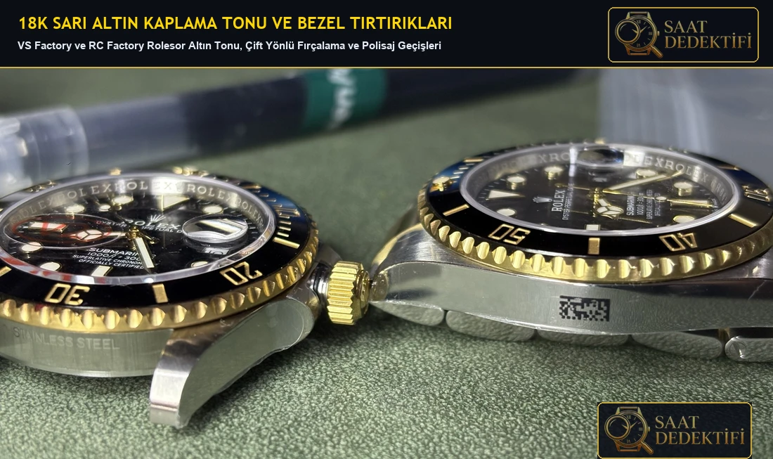 18K Sarı Altın Kaplama Tonu ve Bezel Tırtıklarının Makro Karşılaştırması