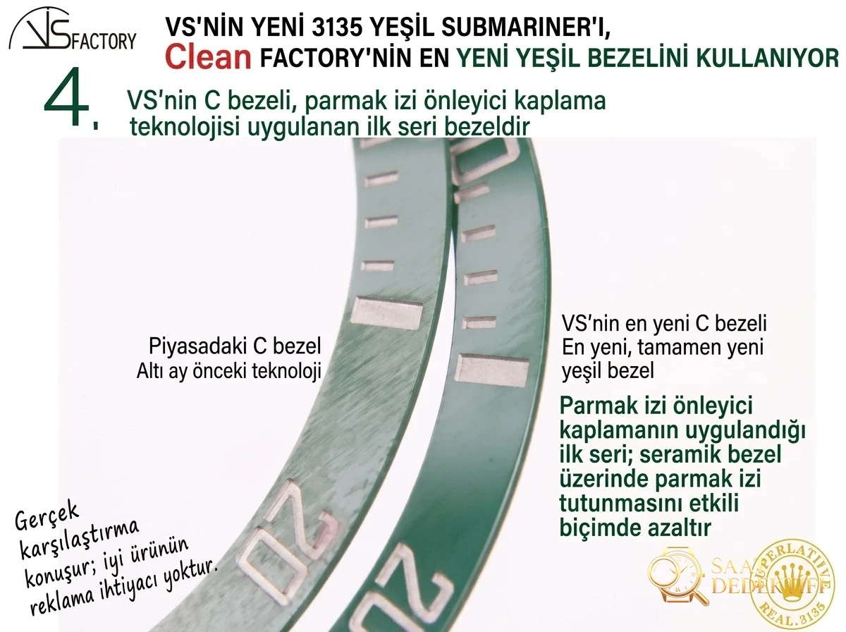 VS Factory Yeşil Submariner «3135 mekanizmalı» çekirdek teknoloji versiyonuyla geliyor - Makro Kadran ve İndeks İşçiliği