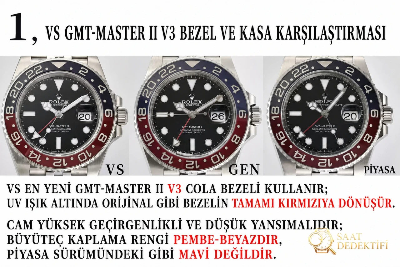 VS GMT cola bezel görücüye çıkıyor! Dandong 3285 mekanizmasını taşıyan bu model, her detayı üstün işçilikle işlenerek piyasadaki tüm versiyonları açık ara geride bırakıyor; replika saatlerin zirvesi unvanını sonuna kadar hak ediyor! - Mekanizma Zemberek ve Balans Detayı