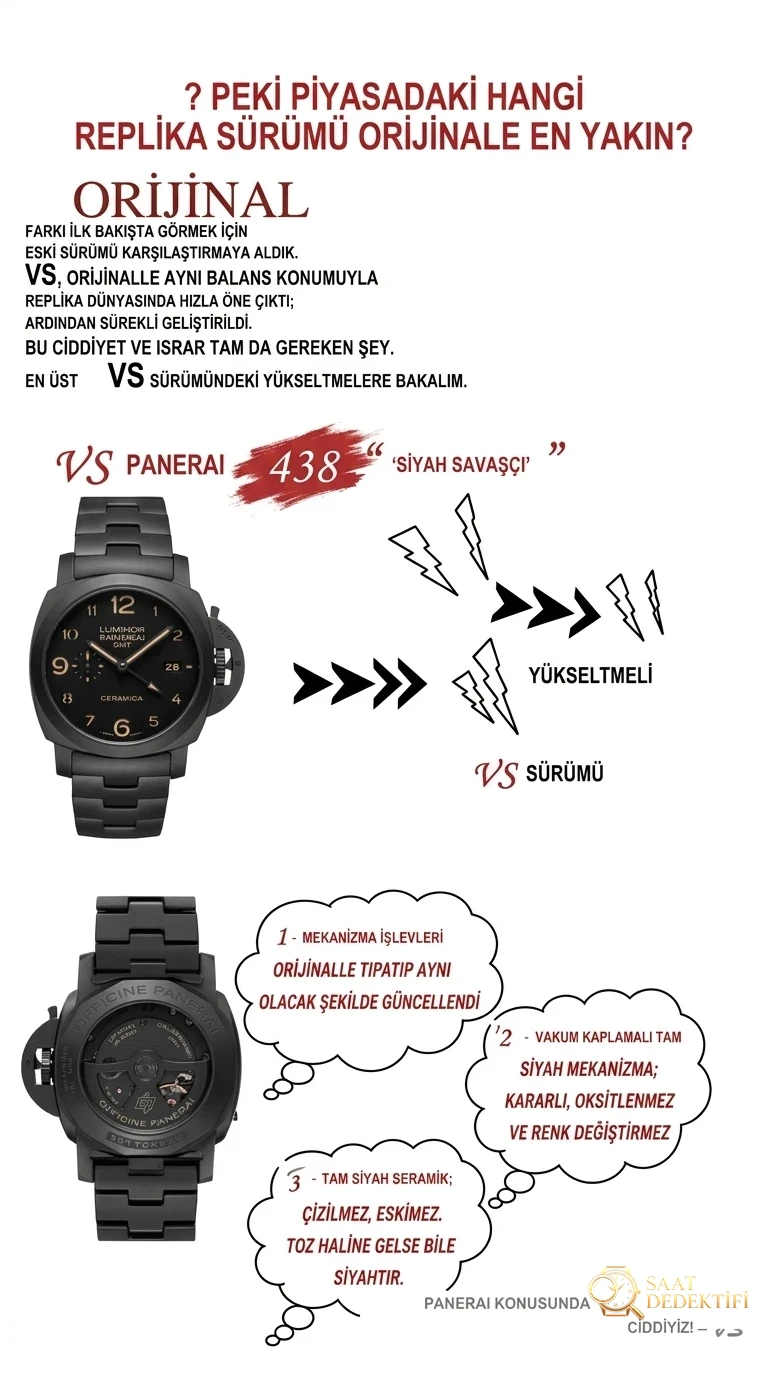 Vs Panerai PAM438 Black Warrior seramik p9001 full siyah mekanizma gerçek V2 versiyon replika saat orijinal karşılaştırmalı incelemesi - Arka Kapak Gravür ve Seri Numarası