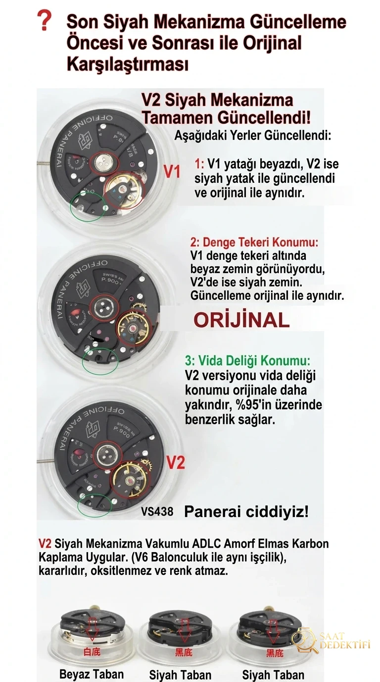 Vs Panerai PAM438 Black Warrior seramik p9001 full siyah mekanizma gerçek V2 versiyon replika saat orijinal karşılaştırmalı incelemesi - Bezel İçi Rehaut Gravürü ve Hizalaması
