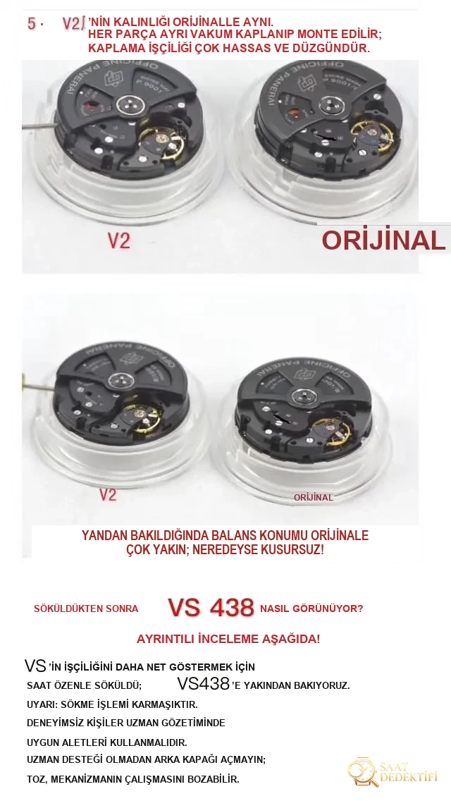 Vs Panerai PAM438 Black Warrior seramik p9001 full siyah mekanizma gerçek V2 versiyon replika saat orijinal karşılaştırmalı incelemesi - Makro Mekanizma Köprüleri ve Cenevre Çizgileri