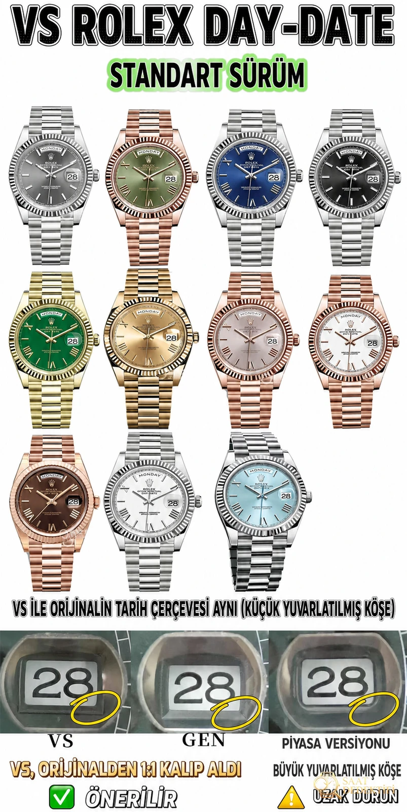 VS Rolex Day-Date | Üst düzey replikanın referans eseri. Dandong 3255 mekanizması (3235 orijinal soyundan) ile 72 saat uzun ömürlü güç rezervi - Kadran Detayı ve Bezel İşçiliği