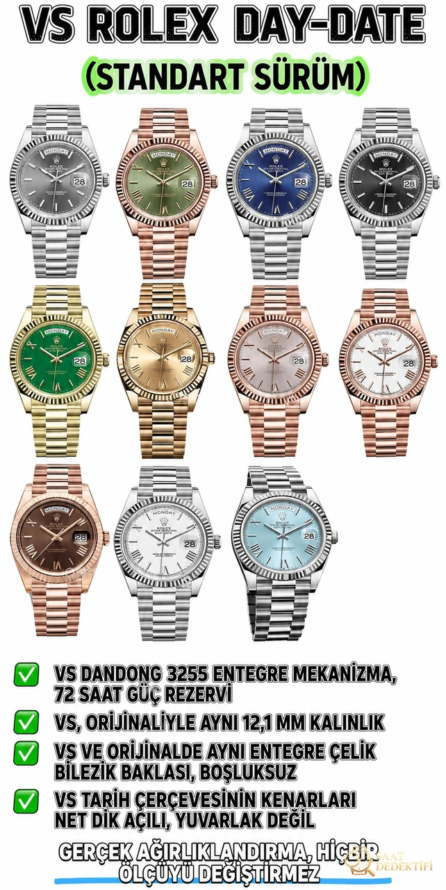 VS Rolex Day-Date | Üst düzey replikanın referans eseri. Dandong 3255 mekanizması (3235 orijinal soyundan) ile 72 saat uzun ömürlü güç rezervi - Kasa Profili ve Kurma Kolu İncelemesi