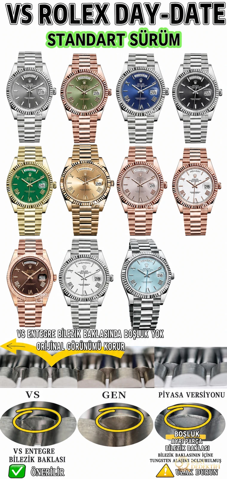 VS Rolex Day-Date | Üst düzey replikanın referans eseri. Dandong 3255 mekanizması (3235 orijinal soyundan) ile 72 saat uzun ömürlü güç rezervi - Bilezik, Toka ve Klips Mekanizması
