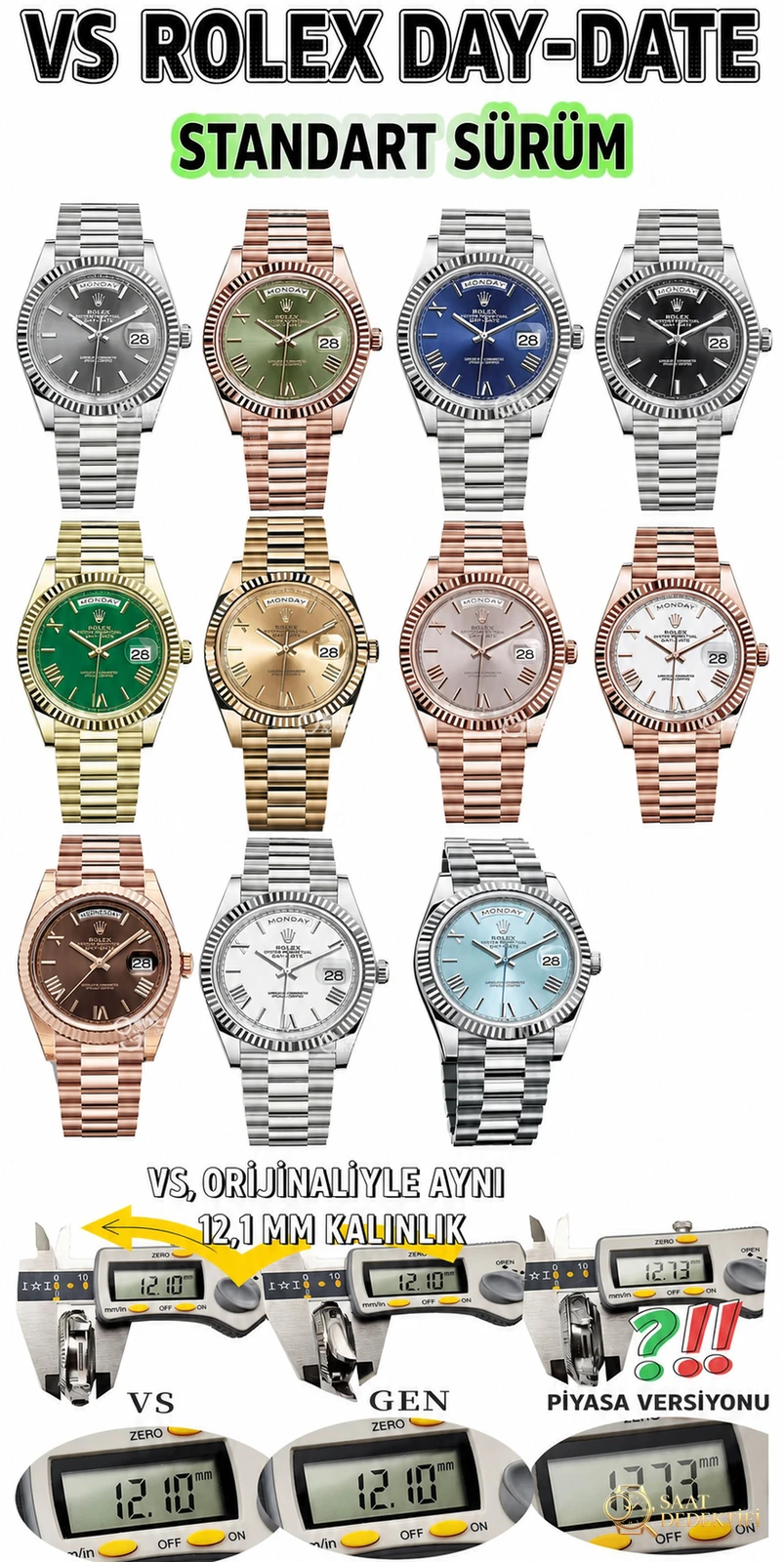 VS Rolex Day-Date | Üst düzey replikanın referans eseri. Dandong 3255 mekanizması (3235 orijinal soyundan) ile 72 saat uzun ömürlü güç rezervi - Makro Kadran ve İndeks İşçiliği