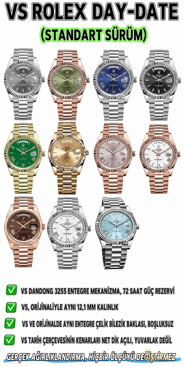 VS Rolex Day-Date | Üst düzey replikanın referans eseri. Dandong 3255 mekanizması (3235 orijinal soyundan) ile 72 saat uzun ömürlü güç rezervi - Klips Kilidi ve Lazer Damgalar