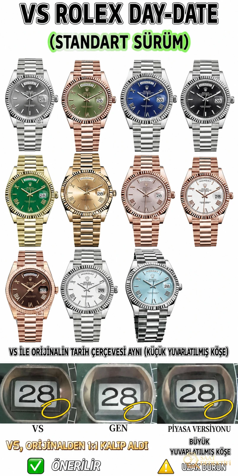 VS Rolex Day-Date | Üst düzey replikanın referans eseri. Dandong 3255 mekanizması (3235 orijinal soyundan) ile 72 saat uzun ömürlü güç rezervi - Bilekte Duruş ve Kasa Orantısı