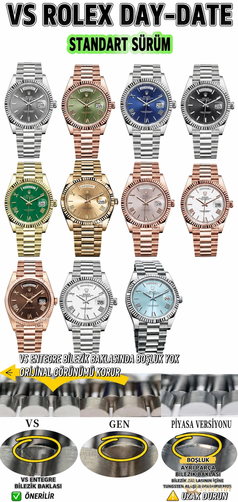 VS Rolex Day-Date | Üst düzey replikanın referans eseri. Dandong 3255 mekanizması (3235 orijinal soyundan) ile 72 saat uzun ömürlü güç rezervi - Fosfor ve Super-LumiNova Gece Görünümü