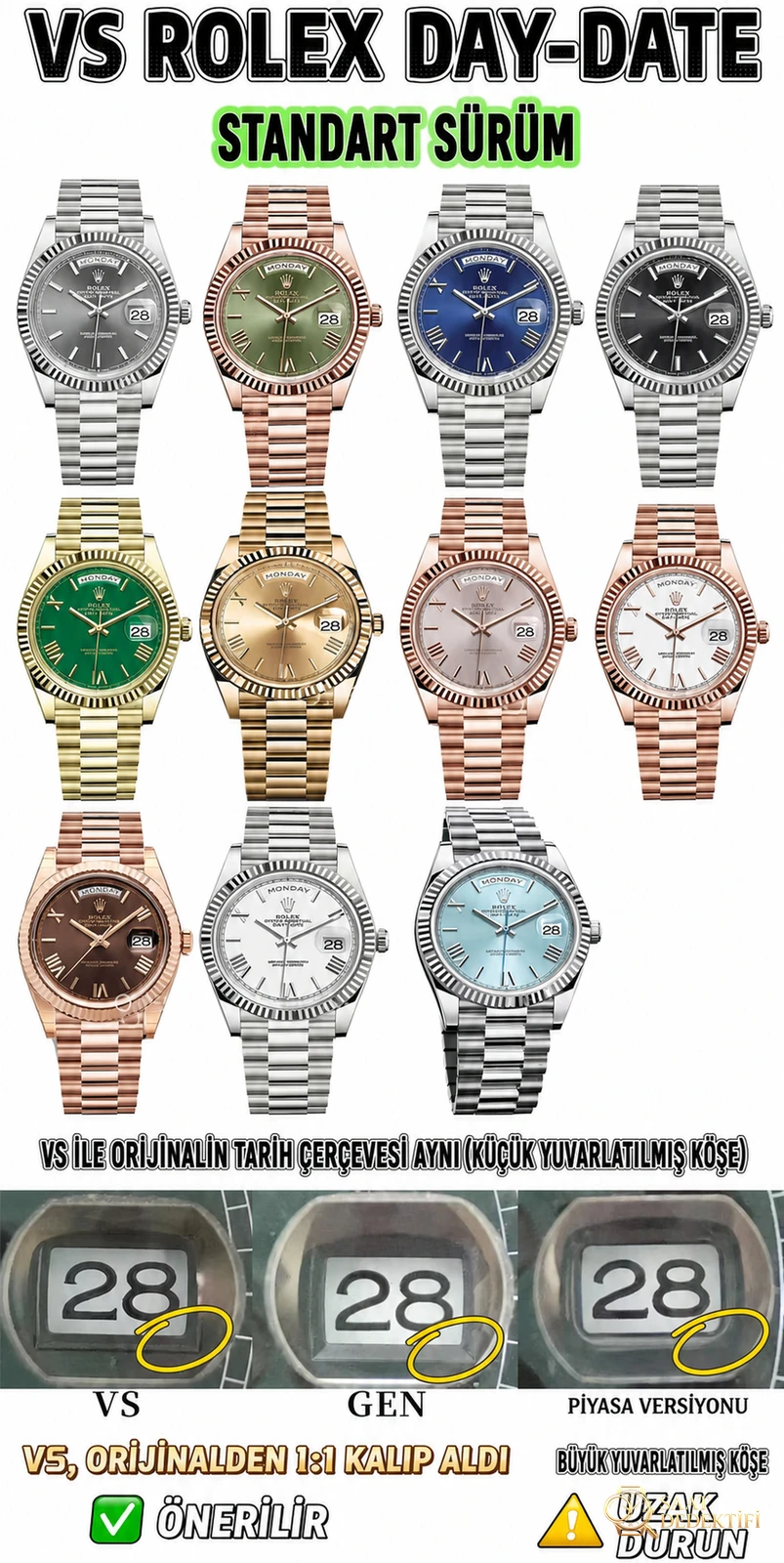 VS Rolex Day-Date | Üst düzey replikanın referans eseri. Dandong 3255 mekanizması (3235 orijinal soyundan) ile 72 saat uzun ömürlü güç rezervi - Yan Profil ve Kordon Bağlantısı