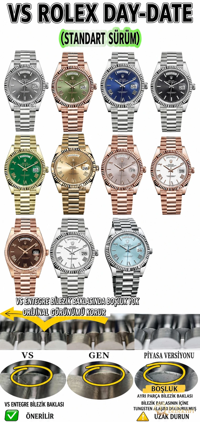 VS Rolex Day-Date | Üst düzey replikanın referans eseri. Dandong 3255 mekanizması (3235 orijinal soyundan) ile 72 saat uzun ömürlü güç rezervi - Genel Açı ve Estetik Duruş