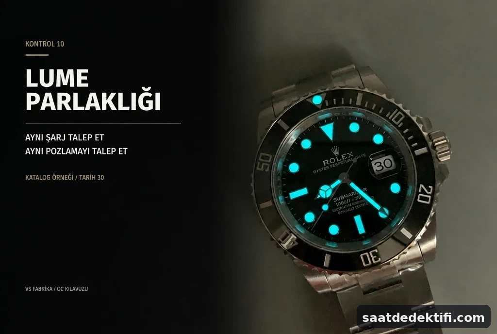 VSF Submariner 126610LN QC Rehberi: Onaydan Önce 12 Teknik Kontrol - Fosfor ve Super-LumiNova Gece Görünümü