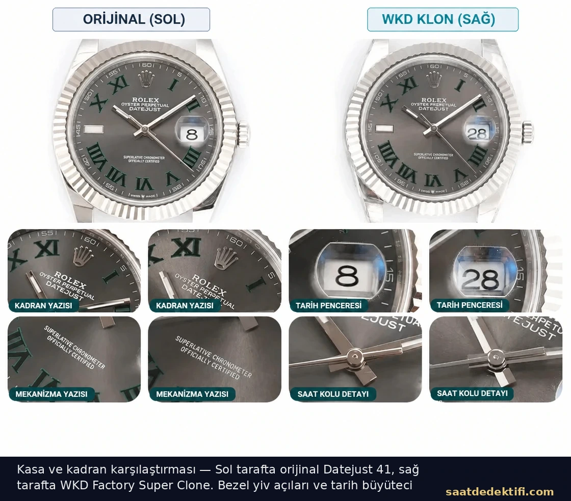 Orijinal Rolex Datejust 41 ile WKD Factory super clone kasa ve kadran karşılaştırması