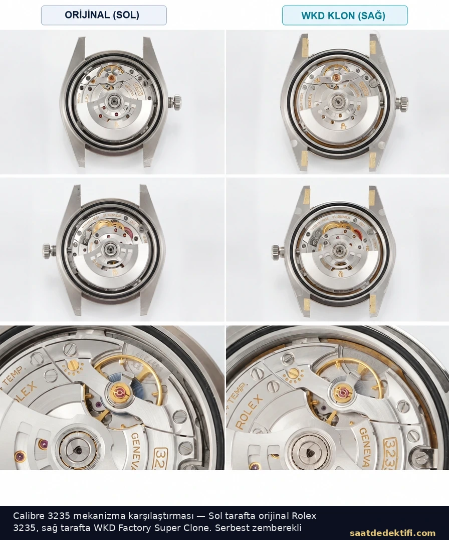 Orijinal Rolex Calibre 3235 ile WKD Factory kartsız super clone mekanizma karşılaştırması