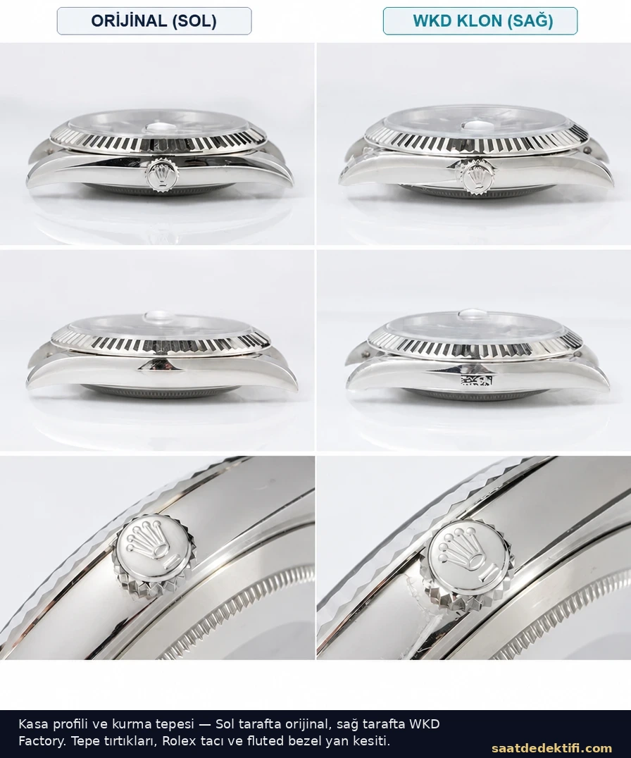 Orijinal ve WKD Factory Rolex Datejust 41 kasa profili ile kurma tepesi karşılaştırması