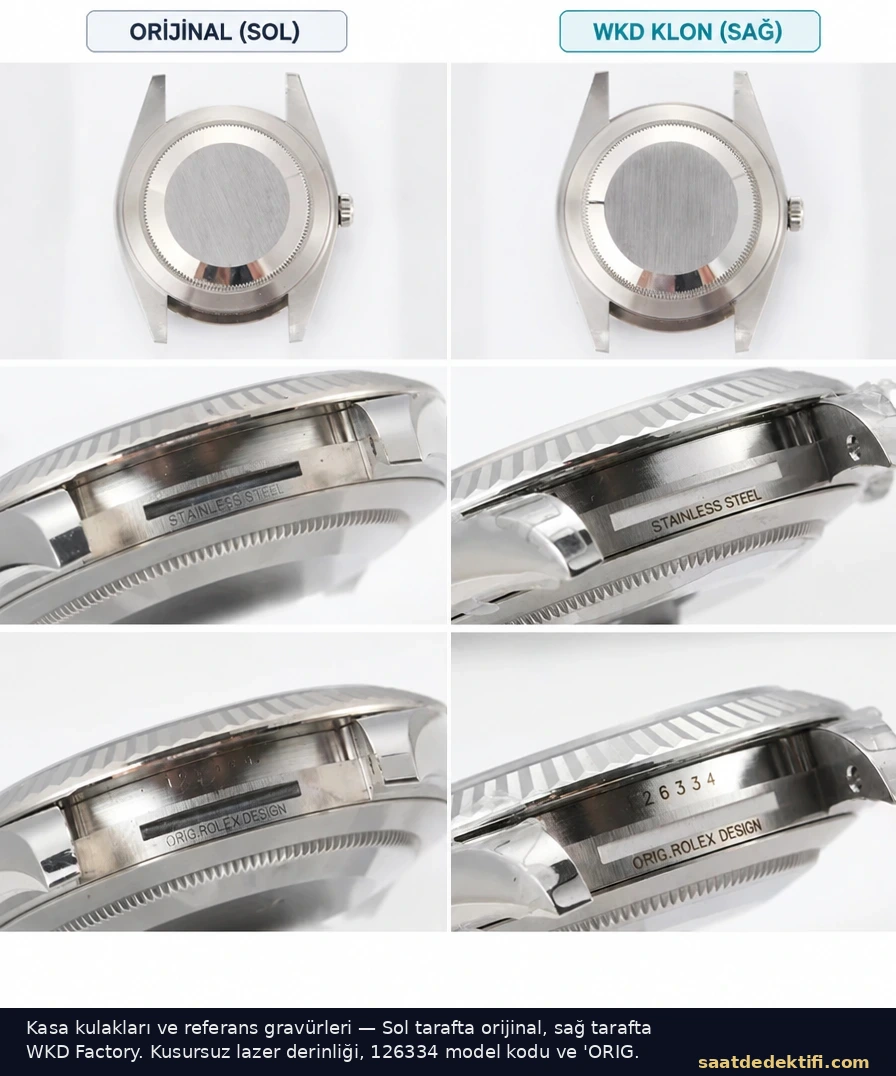 Orijinal ve WKD Factory Rolex Datejust 41 kasa kulağı referans gravürü karşılaştırması