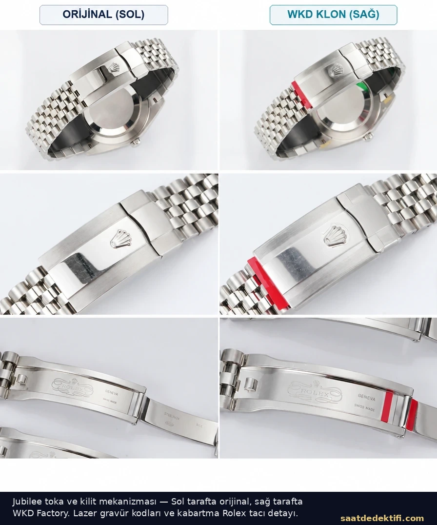 Orijinal ve WKD Factory Rolex Datejust 41 Jubilee toka ve kilit mekanizması karşılaştırması