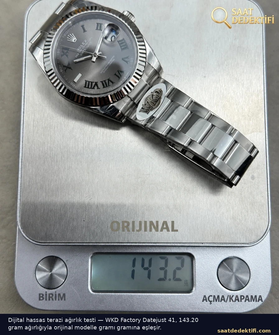 WKD Factory Rolex Datejust 41 super clone dijital hassas terazide 143.20 gram ağırlık ölçümü