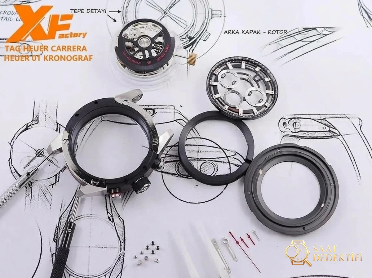 XF Factory TAG Heuer Carrera 01 Tam İskelet Kronograf Detaylı İnceleme - Mekanizma Zemberek ve Balans Detayı