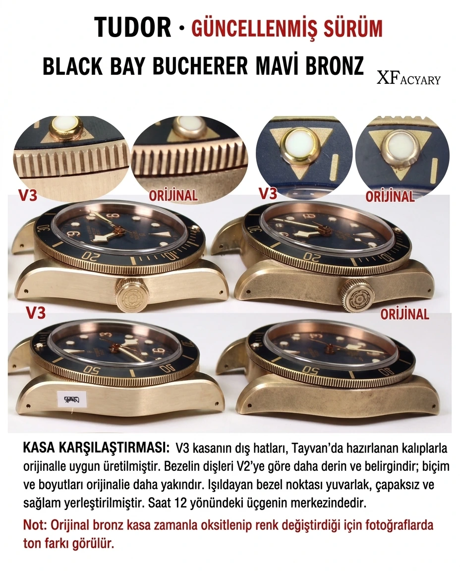 XF Factory Tudor Heritage serisi Mavi Bronz V3 versiyonu saatin orijinalle karşılaştırmalı incelemesi - Klips Kilidi ve Lazer Damgalar