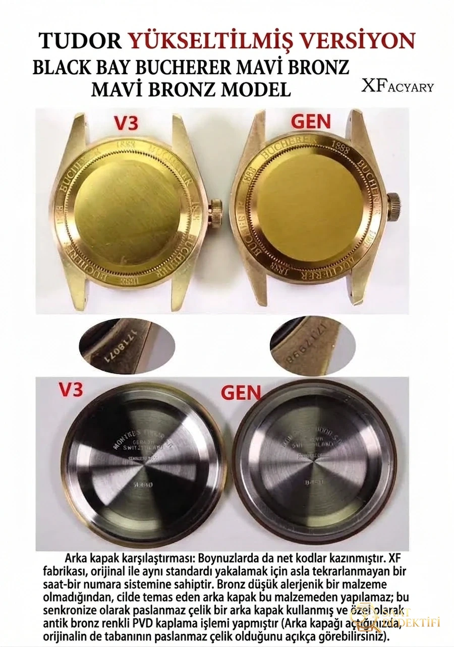 XF Factory Tudor Heritage serisi Mavi Bronz V3 versiyonu saatin orijinalle karşılaştırmalı incelemesi - Fosfor ve Super-LumiNova Gece Görünümü