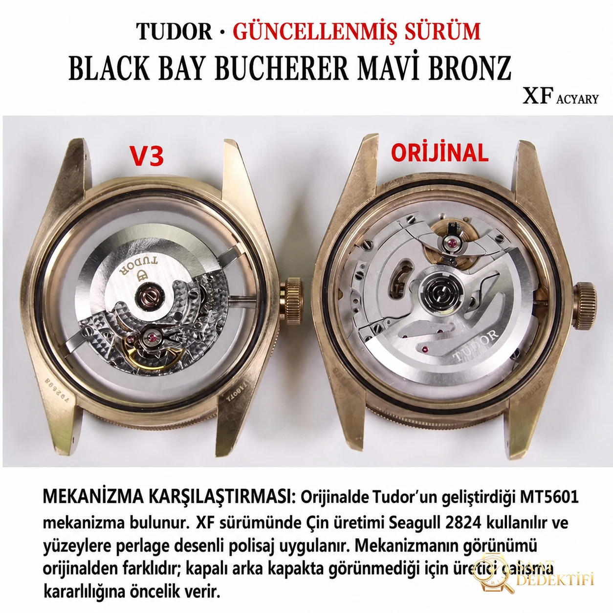 XF Factory Tudor Heritage serisi Mavi Bronz V3 versiyonu saatin orijinalle karşılaştırmalı incelemesi - Mekanizma Zemberek ve Balans Detayı