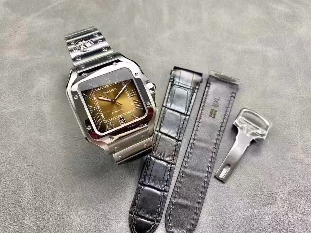 Siyah Deri Kayışlı Cartier Santos Sarı Replika