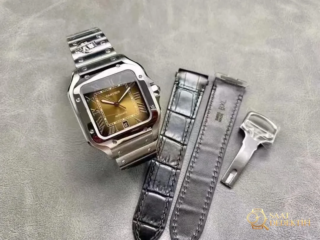 Siyah Deri Kayışlı Cartier Santos Sarı Replika