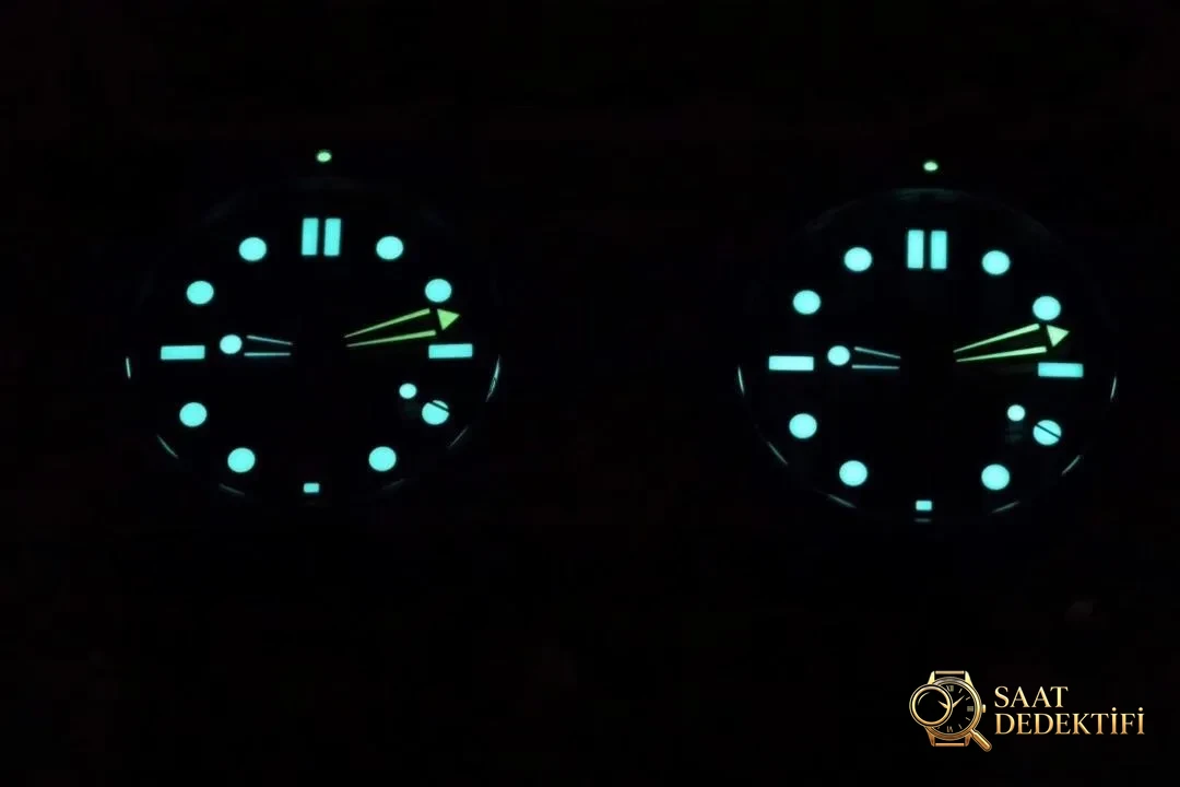Yeni seramik kadranlı VS Factory Omega Seamaster 300M — dalgalı gri kadran, beyaz mine saat işaretli bezel dalış saatinin karşılaştırmalı incelemesi - Fosfor ve Super-LumiNova Gece Görünümü