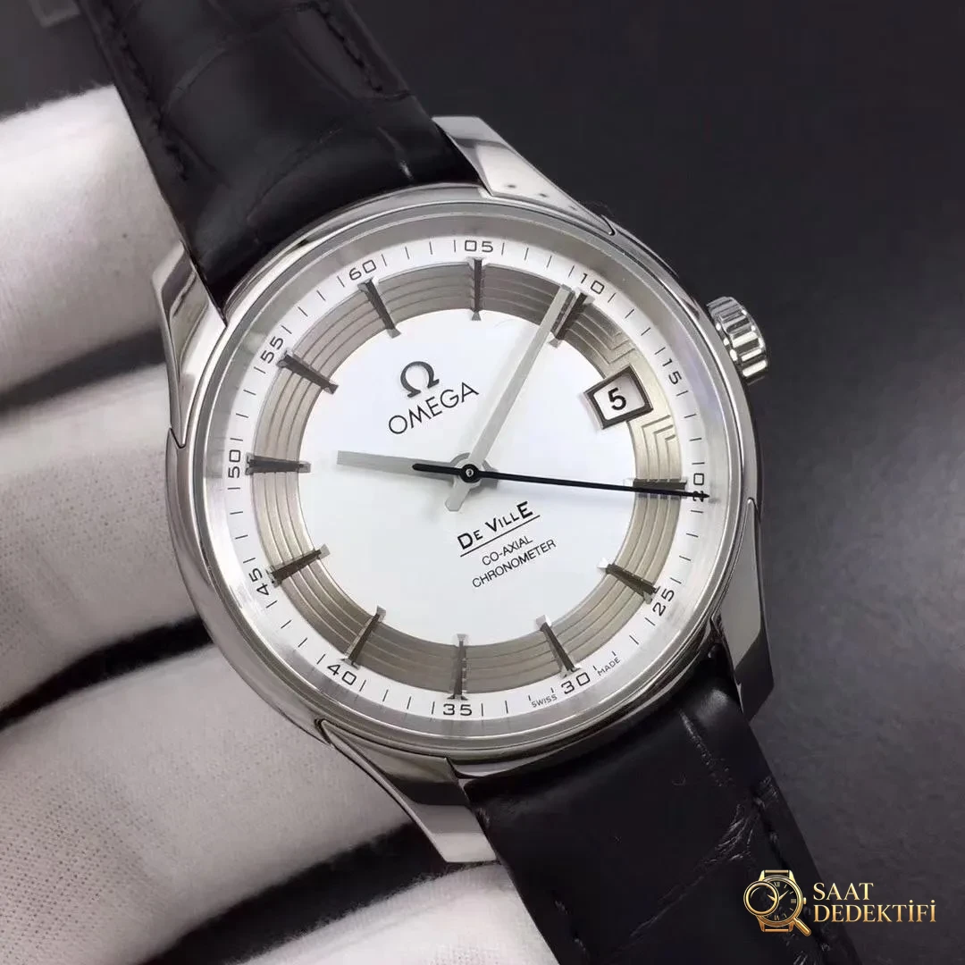 Yeni ürün incelemesi: VS Factory Omega De Ville Parlak Beyaz 8500 mekanizma 41 MM timsah derisi safir cam replika saat - Kasa Profili ve Kurma Kolu İncelemesi