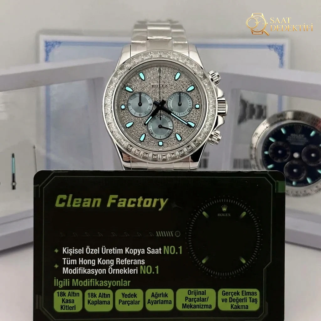 Yüksek Kalite Özel Sipariş Replika Daytona 116576TBR Yıldız Kadranlı Platin Buz Mavisi, Tam Ağırlık 203 Gram - Kadran Detayı ve Bezel İşçiliği
