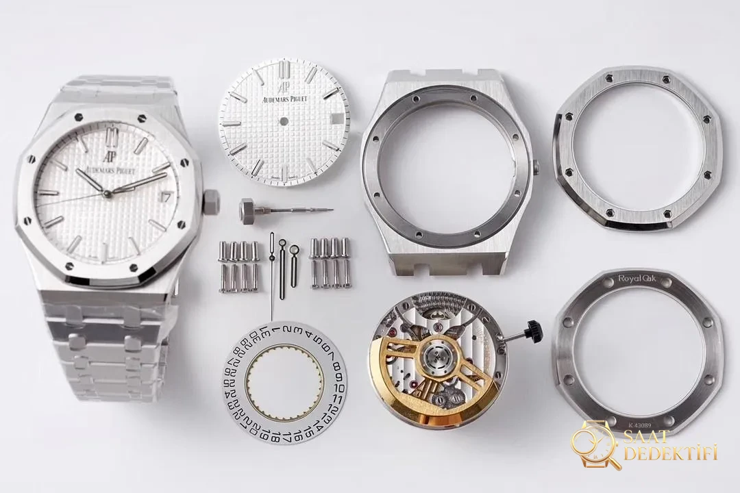 ZF Audemars Piguet 15500 beyaz kadranlı saatin sökülmüş halini gösteriyorum - Makro Kadran ve İndeks İşçiliği