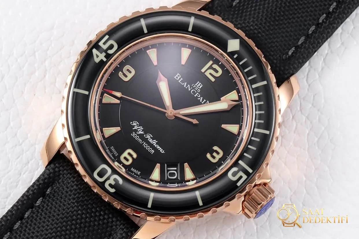 ZF Factory Blancpain Fifty Fathoms 5015 rose gold replika saatin rengi solar mı? - Kadran Detayı ve Bezel İşçiliği