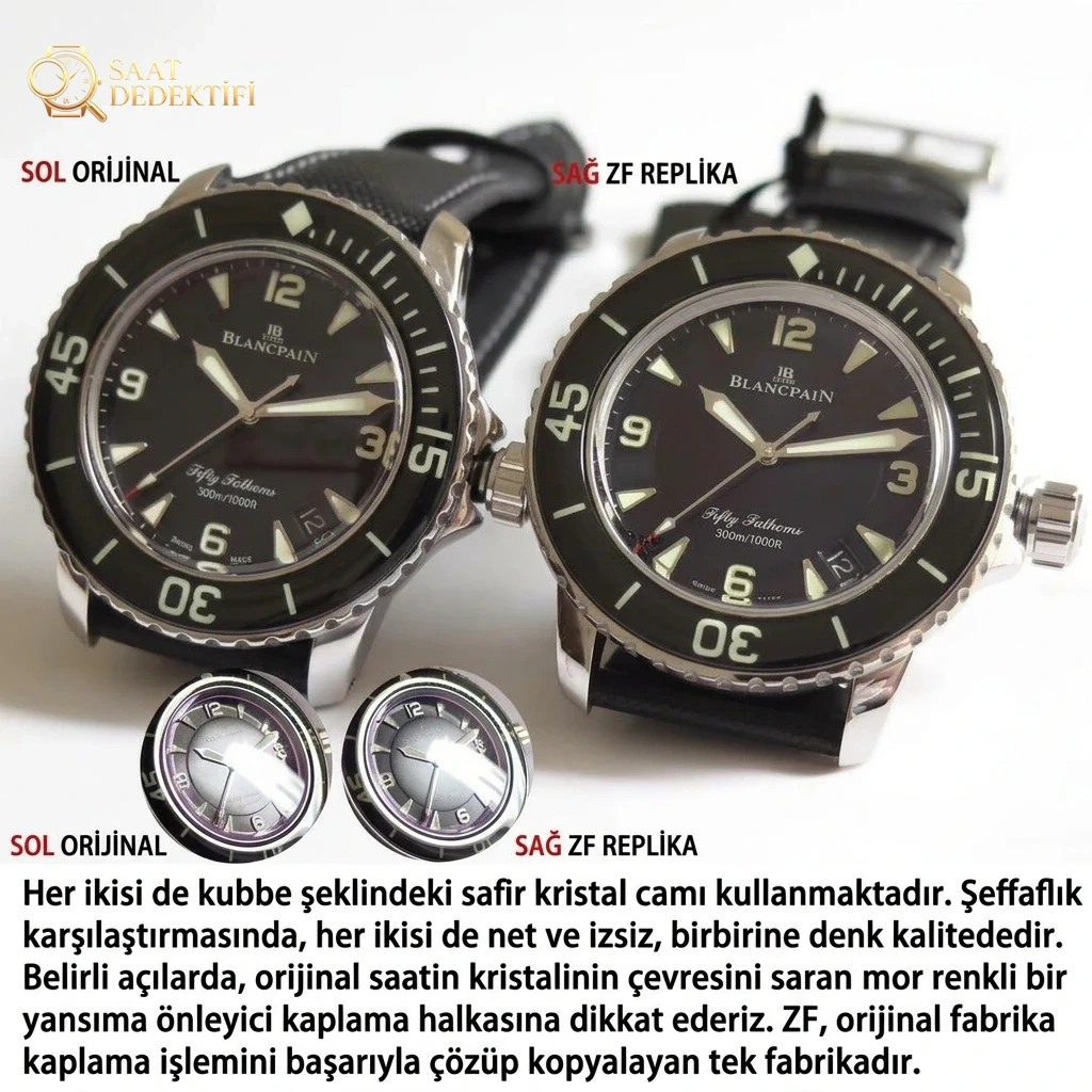 ZF Factory Blancpain Fifty Fathoms saatin orijinaliyle karşılaştırmalı detaylı incelemesi - Kadran Detayı ve Bezel İşçiliği