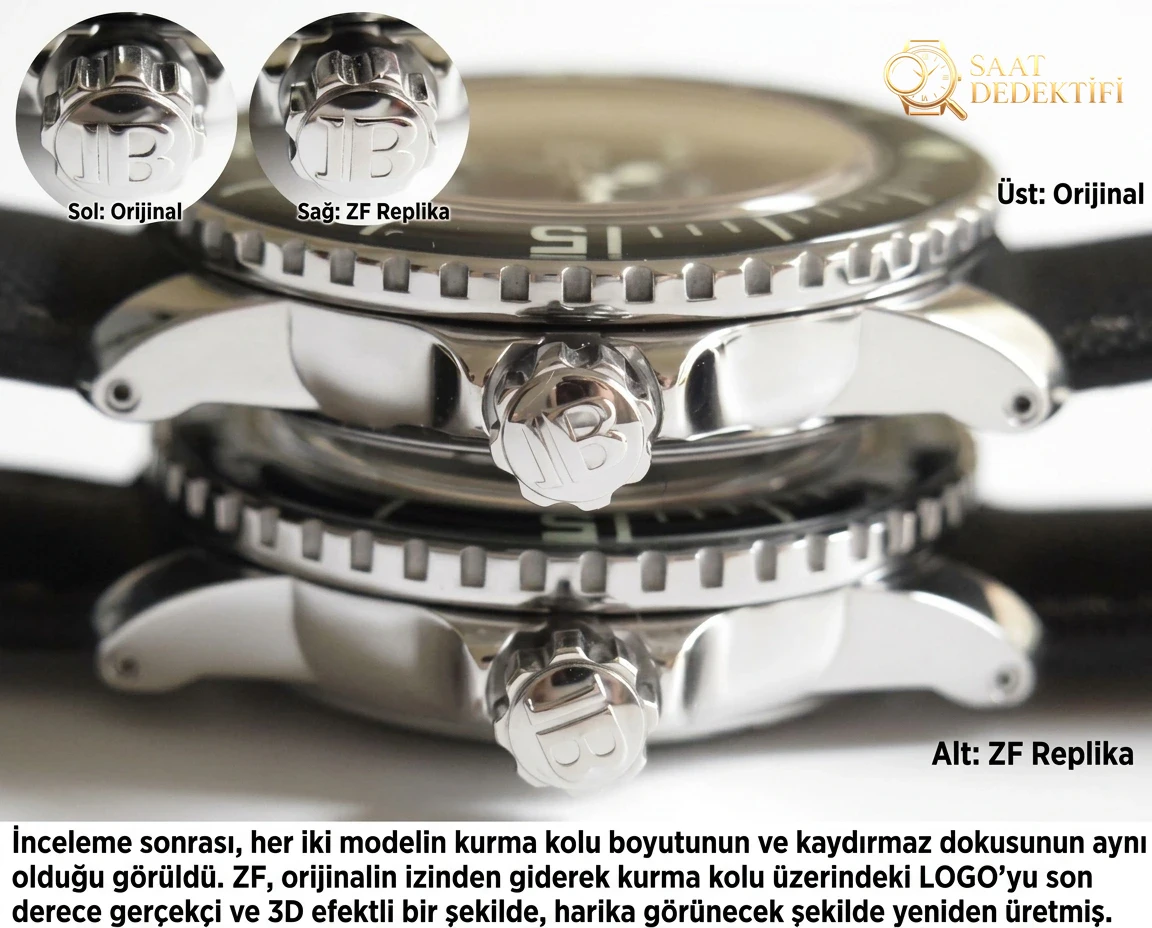ZF Factory Blancpain Fifty Fathoms saatin orijinaliyle karşılaştırmalı detaylı incelemesi - Kasa Profili ve Kurma Kolu İncelemesi