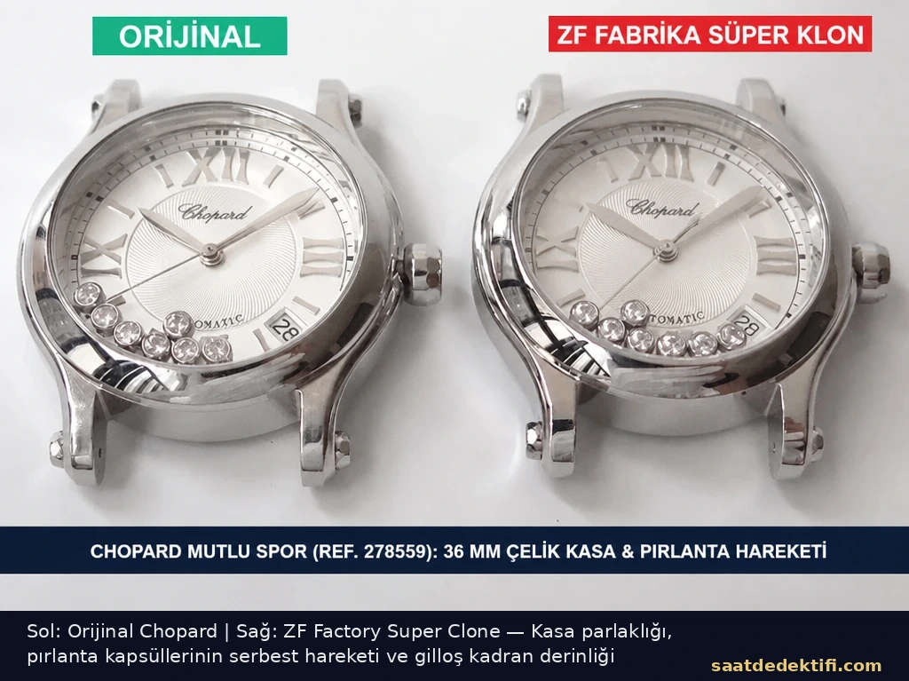 Orijinal Chopard Happy Sport ile ZF Factory super clone ön yüz ve kasa karşılaştırması