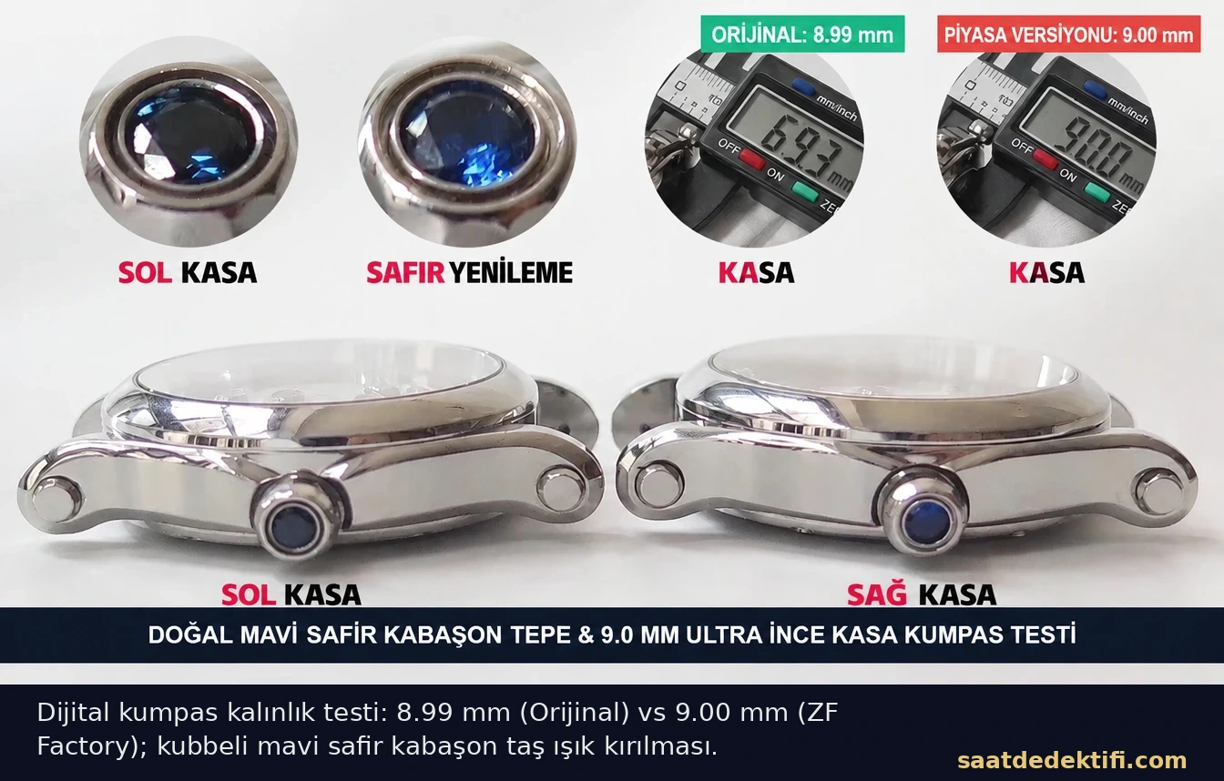 Dijital kumpasla kalınlık ölçümü ve mavi kabaşon tepe karşılaştırması