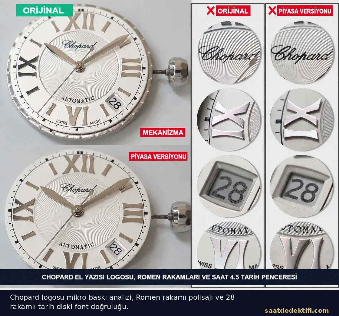 Chopard kadran tipografisi ve tarih penceresi mikro baskı karşılaştırması