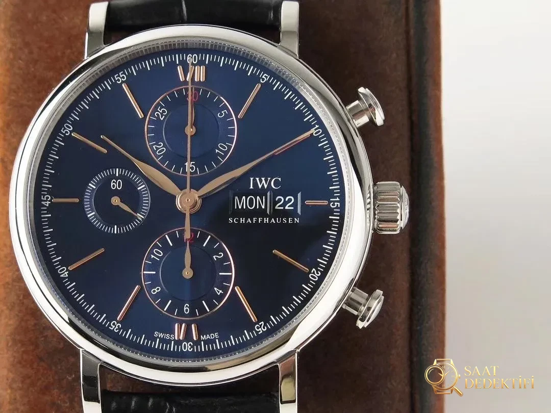 ZF Factory IWC Portofino Kronograf Mavi Kadran Altın Akrep-Yelkovan İncelemesi - Kasa Profili ve Kurma Kolu İncelemesi