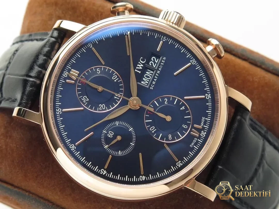 ZF Factory IWC Portofino Kronograf, roze altın kasa mavi kadran incelemesi - Bilezik, Toka ve Klips Mekanizması