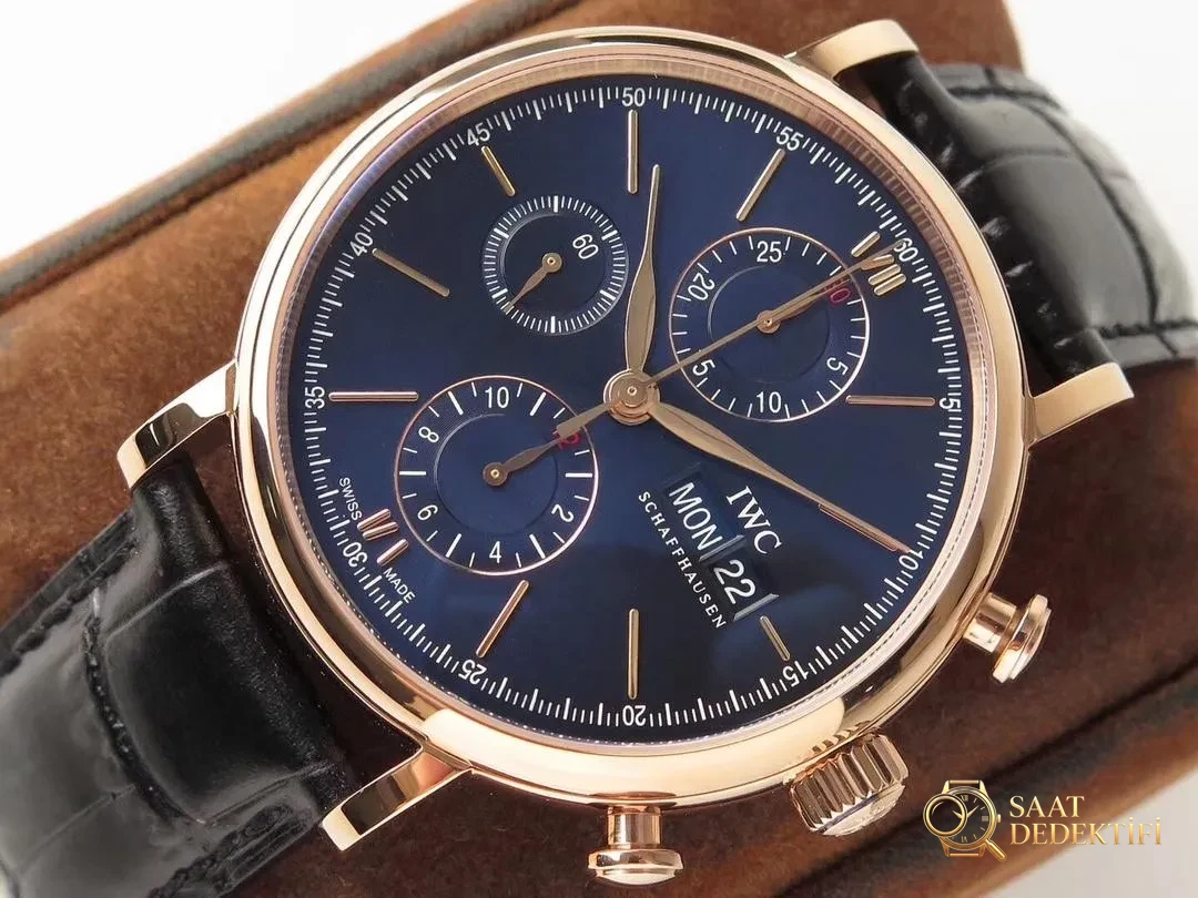 ZF Factory IWC Portofino Kronograf, roze altın kasa mavi kadran incelemesi - Makro Kadran ve İndeks İşçiliği