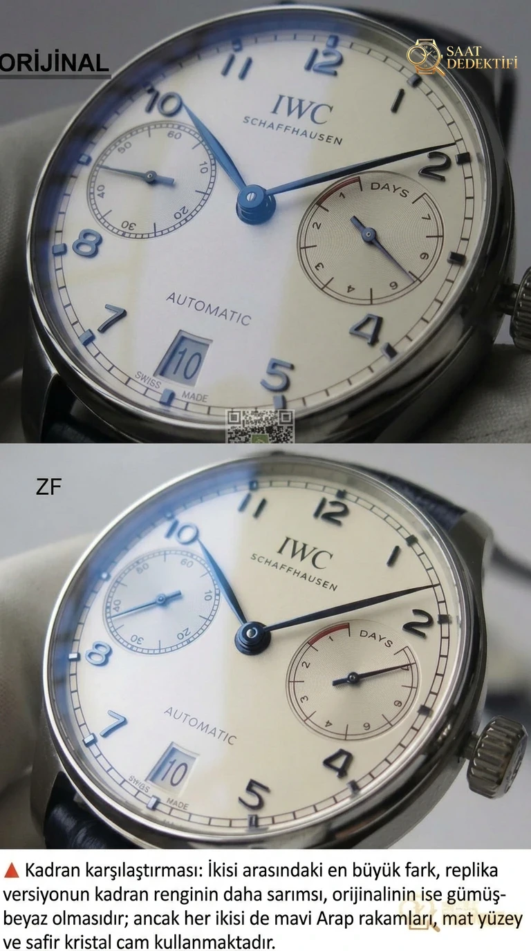 ZF Factory IWC Portugieser Serisi Portugieser 7 Gün IW500107 V5 Versiyonu ile Orijinal Karşılaştırması - Kadran Detayı ve Bezel İşçiliği