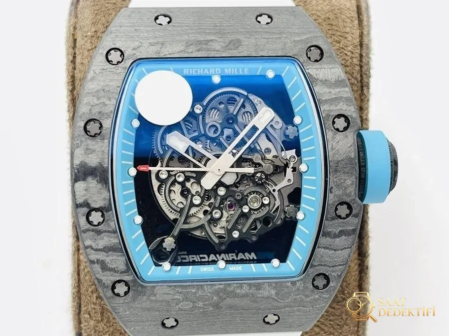 ZF Factory Richard Mille RM055 Mavi Bezel Karbon Fiber Sınırlı Seri Kol Saati İncelemesi - Kasa Profili ve Kurma Kolu İncelemesi