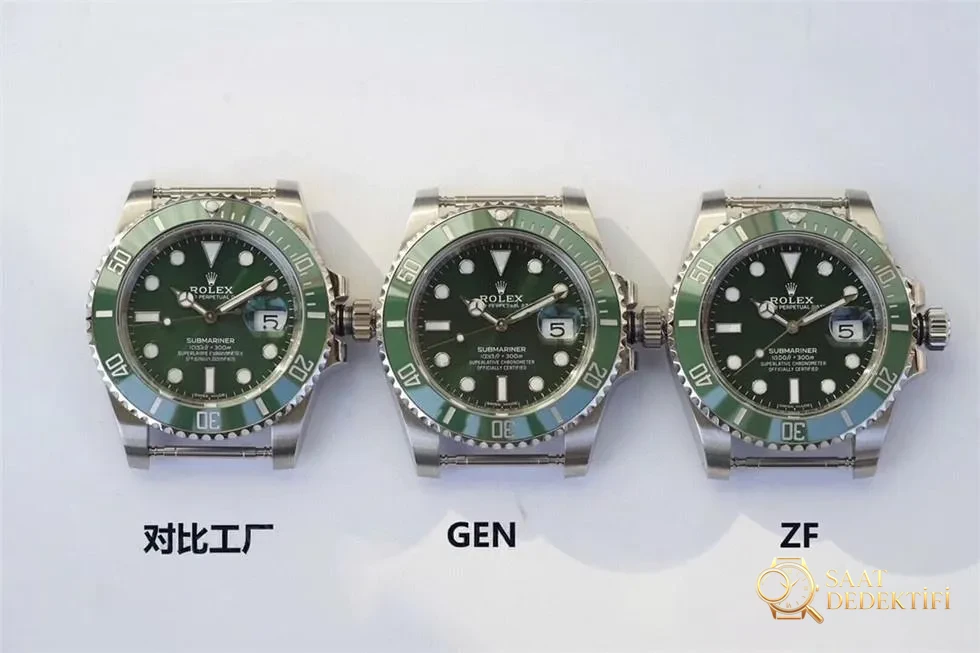 ZF Factory Rolex Yeşil Su Hayaletinin orijinal ve piyasadaki versiyonlarla karşılaştırması - Kadran Detayı ve Bezel İşçiliği