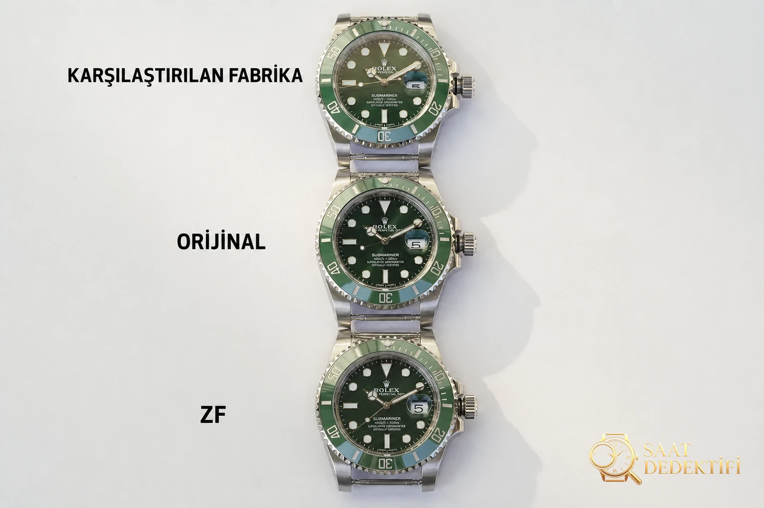 ZF Factory Rolex Yeşil Su Hayaletinin orijinal ve piyasadaki versiyonlarla karşılaştırması - Kasa Profili ve Kurma Kolu İncelemesi